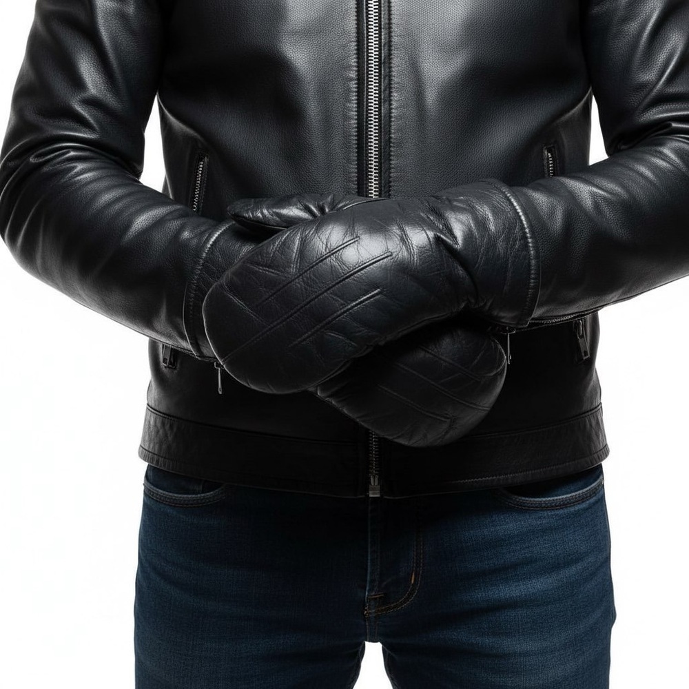 BLACK LEATHER MITTENS WITH SHERPA LINING XL MEN'S